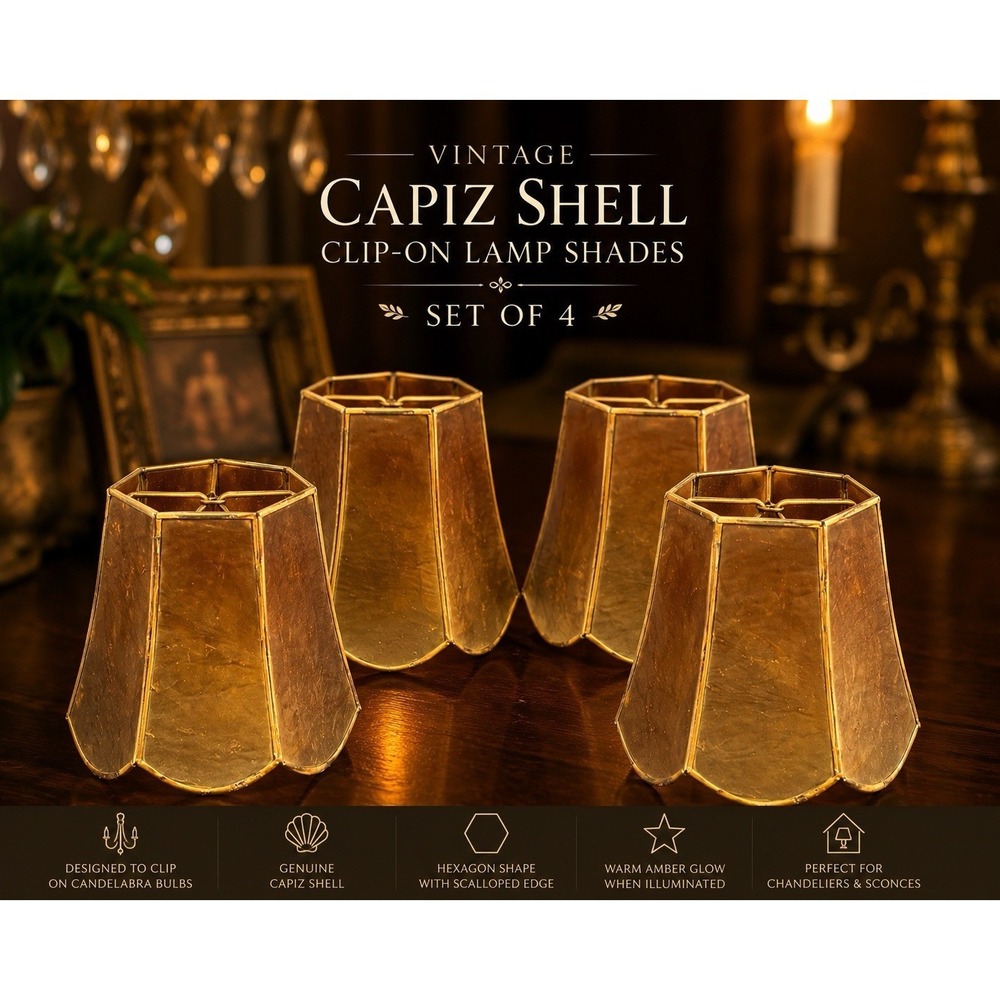 Vintage Set of 4 Amber Capiz Shell Clip-On Chandelier Candelabra Lamp Shades MCM